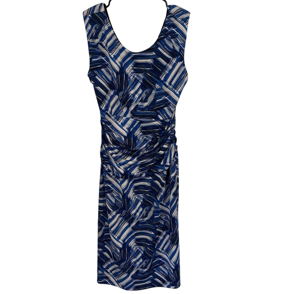 Nine West Dress Sleeveless Sheath Ruched Blue White Abstract Print Size 6